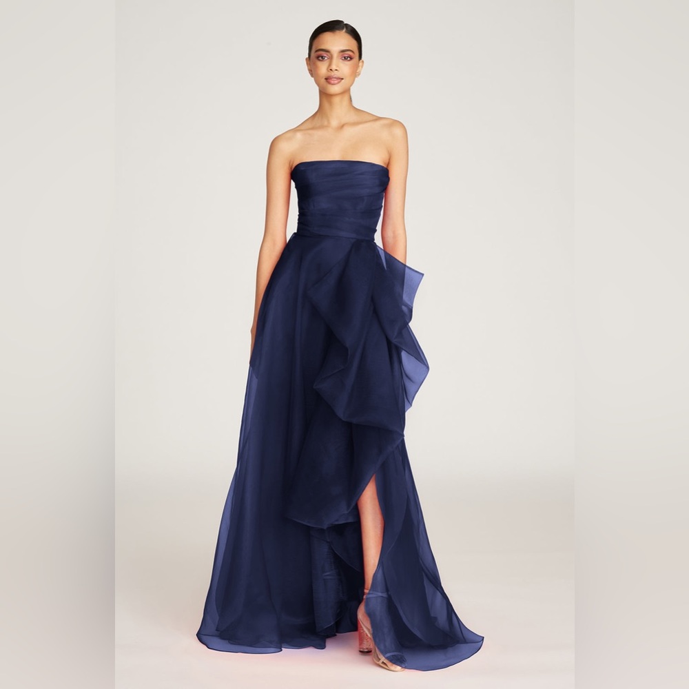 Theia Teresa Strapless Draped Gown in Navy